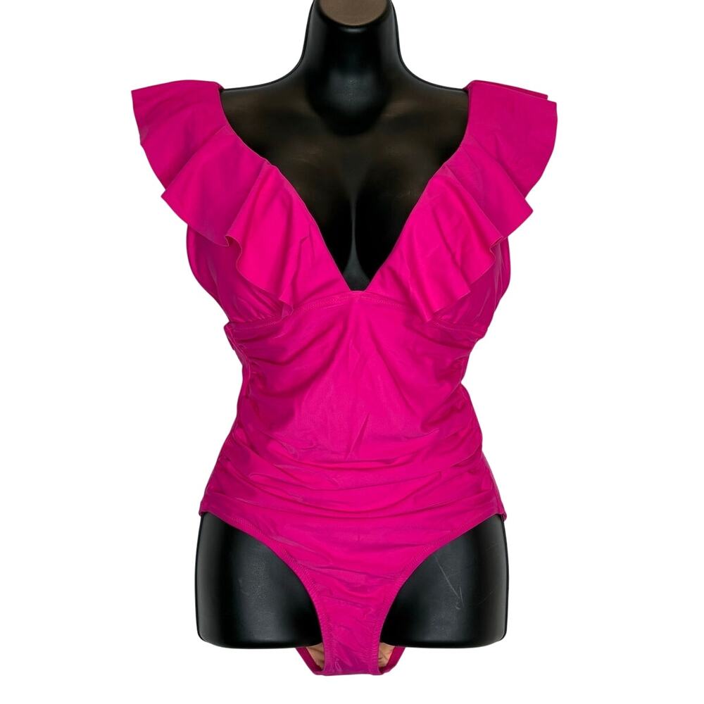 J.Crew Ruched Ruffle One-Piece Pink Swimsuit - Size 10